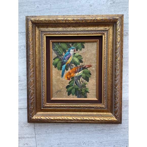 Vintage Gris Painting on Silk Artist Signed Exotic Tropical Birds Thailand Gold - Picture 4 of 7